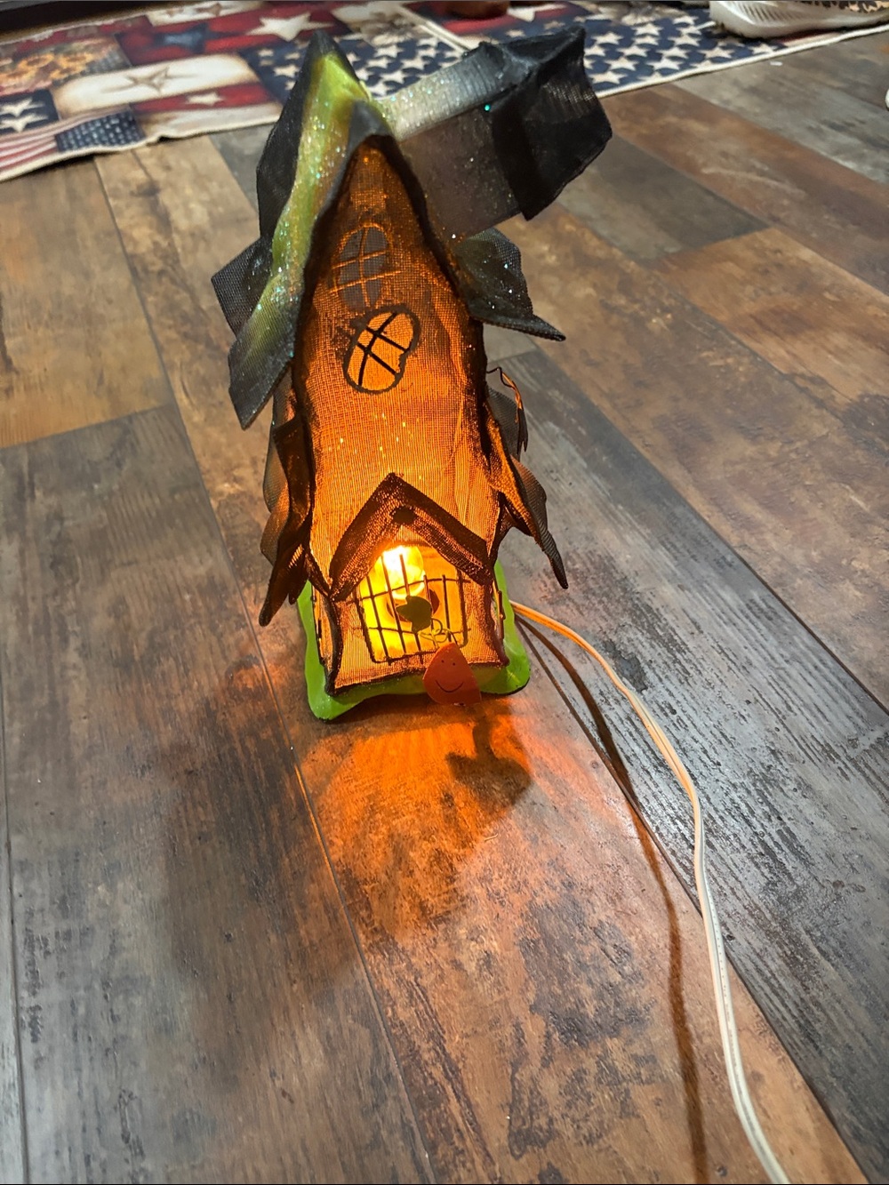 Handcrafted Illuminated Halloween Cottage - Orange Light, Green Base